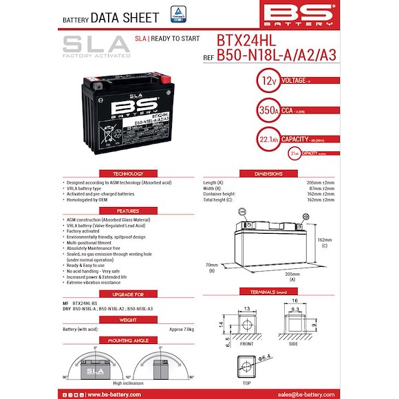 BS BATTERY BS ATV Batteri BTX24HL SLA 12V (YTX24HL)