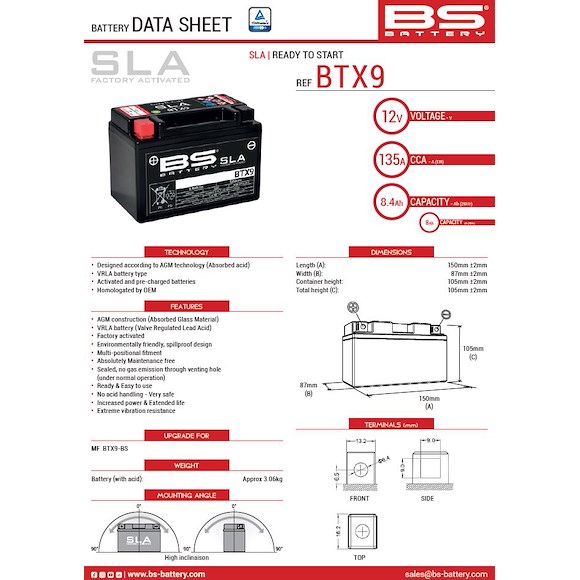 BS BATTERY BS ATV Batteri BTX9 SLA 12V (YTX9-BS)
