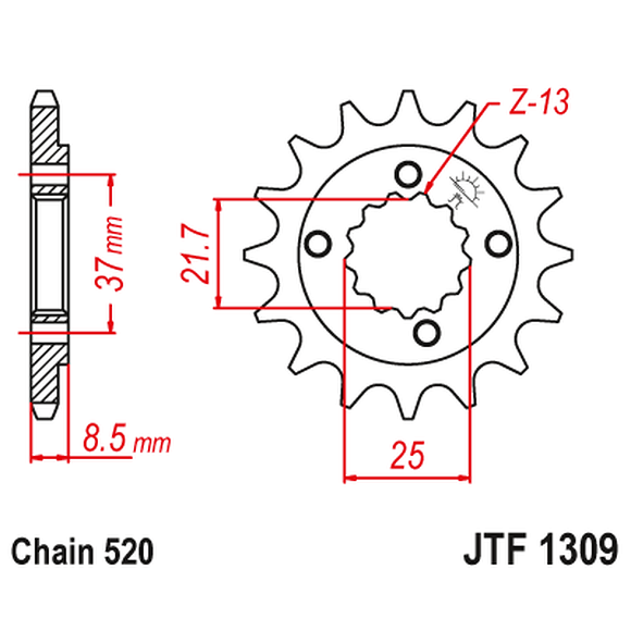 JT SPROCKETS Framdrev Dinli 450 / SMC 500 & Honda TRX400, 14-tanns