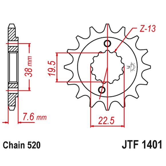 JT SPROCKETS Framdrev Suzuki LT-Z400 og Kawasaki KFX400, 14-tanns