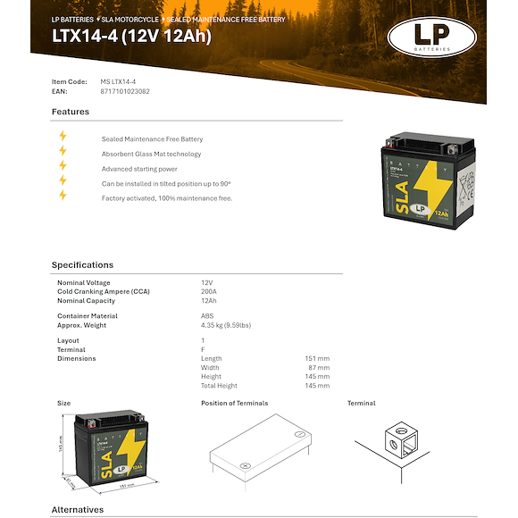 LP Batteries LP ATV Batteri LTX14 SLA 12V (YTX14)